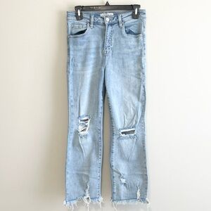 Risen High-Rise Straight Leg Distress Denim Jeans
